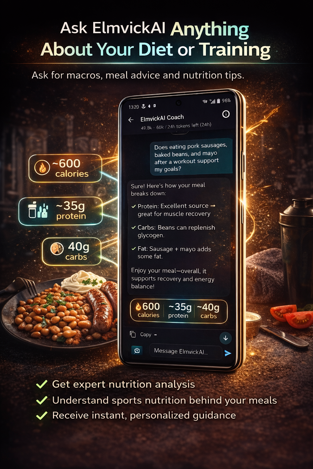 Schermata chat ElmvickAI e guida nutrizionale in Training Logger